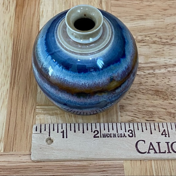 Vintage Blue/Brown Stripe Wave Glazed Ceramic Pottery 3.5” Mini Bud Vase - Picture 6 of 10